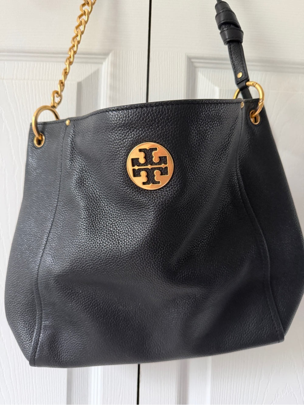 Tory Burch Everly Hobo Black Pebbled Leather Shoulder Purse with Gold Accents